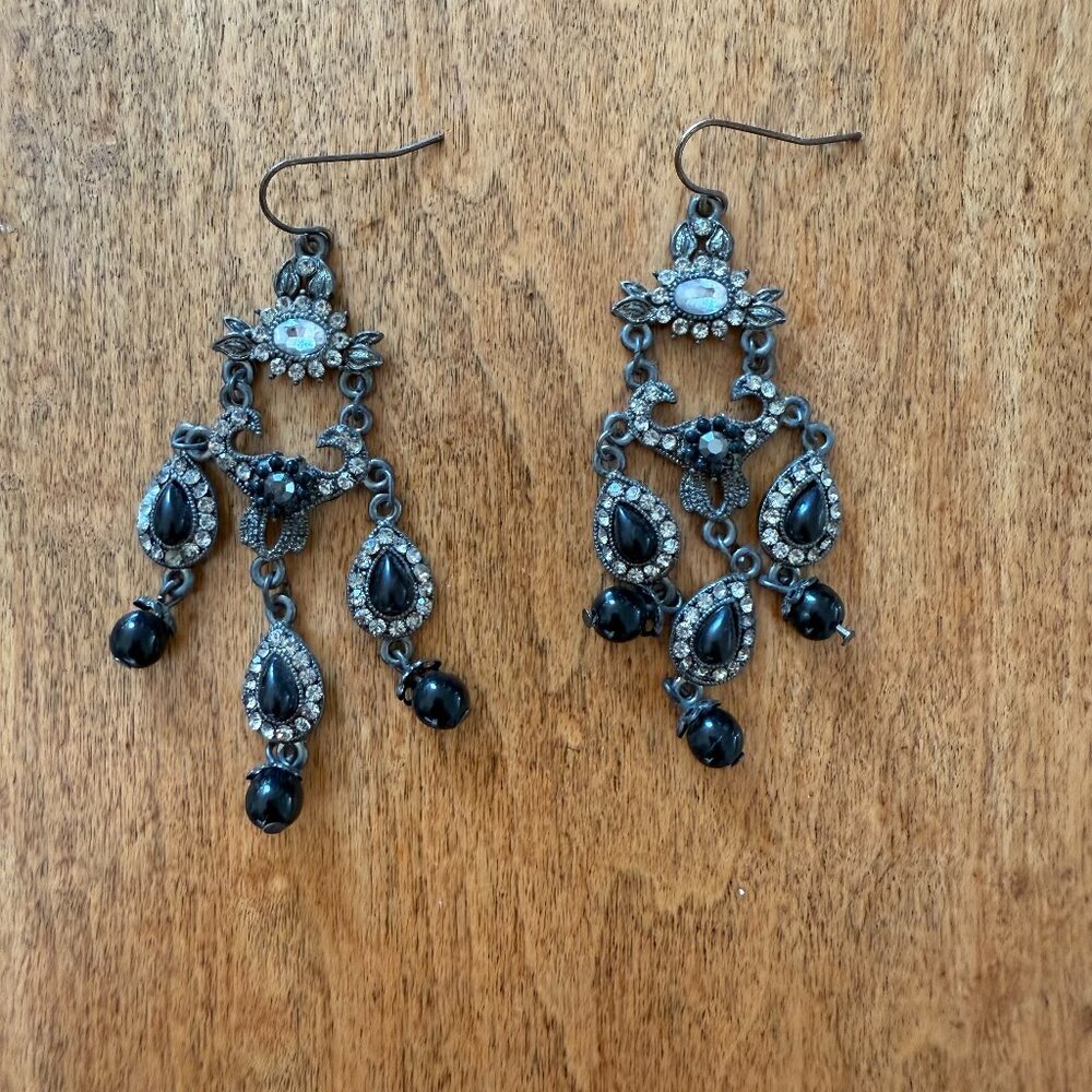 Fun Faux Rhinestone & Black Silver-Tone Dangly Floral Teardrop Earrings